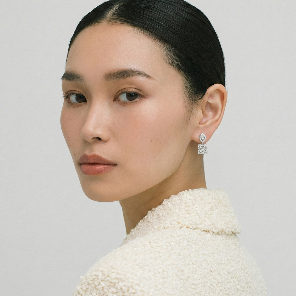 Lotus Earrings with White Round Stone – on Yellow Gold