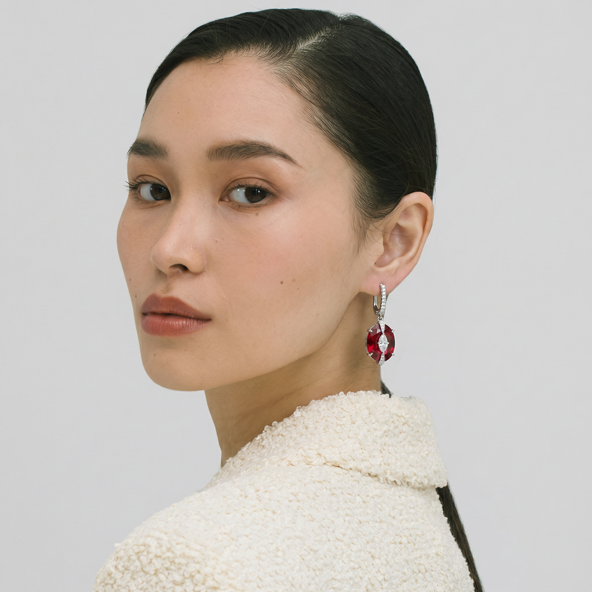 Embrace Queens Earrings with Red Oval Stone – on White Gold