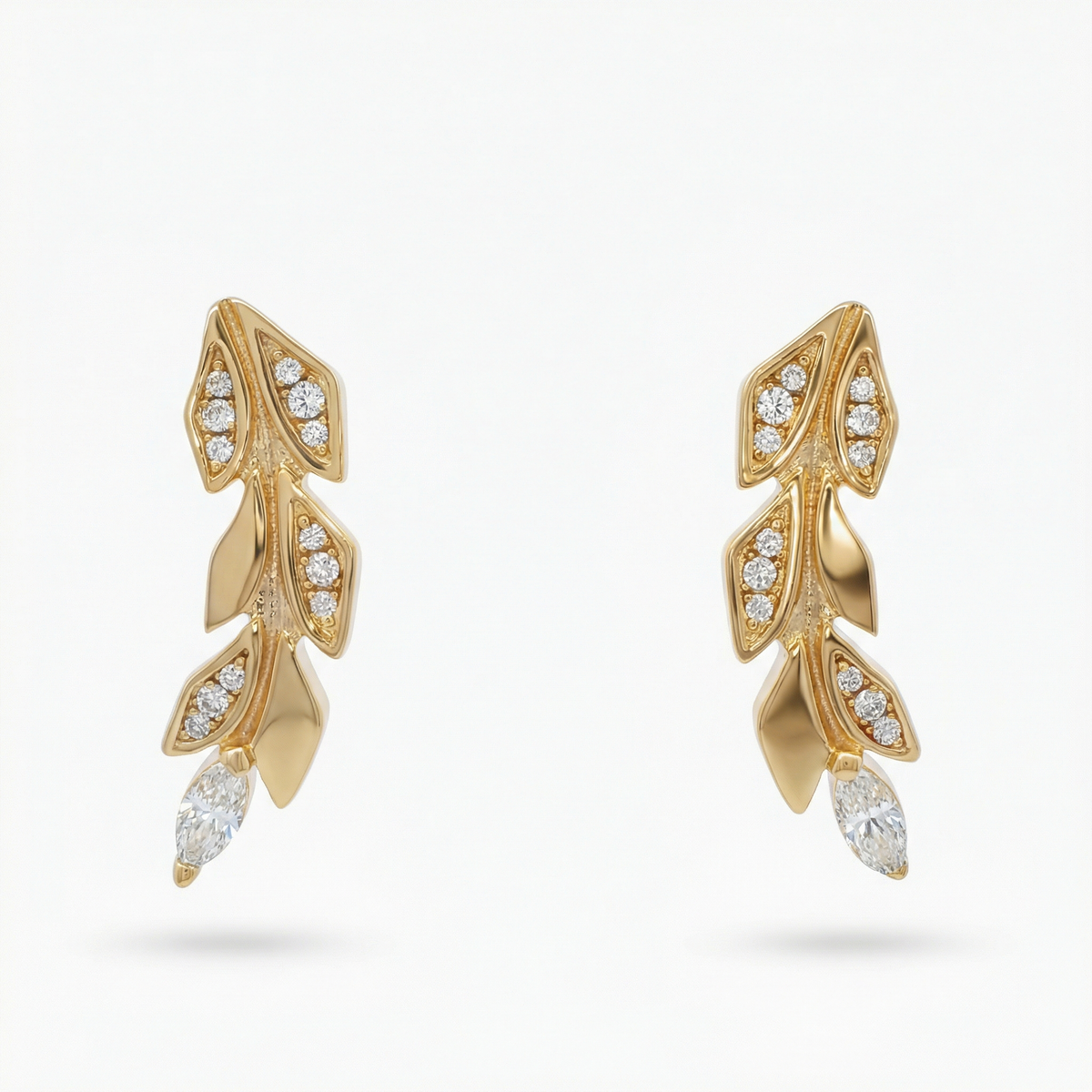 Leaf Earrings with White Round Stone – on Yellow Gold