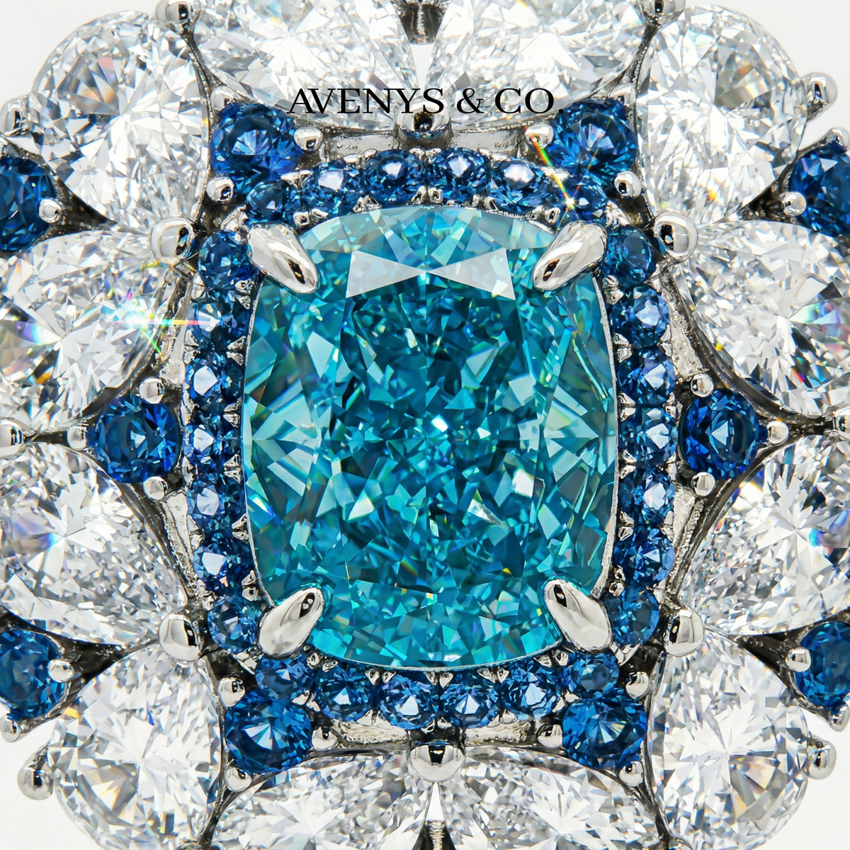 Royal Flower Halo Ring with Blue Cushion Stone – on White Gold