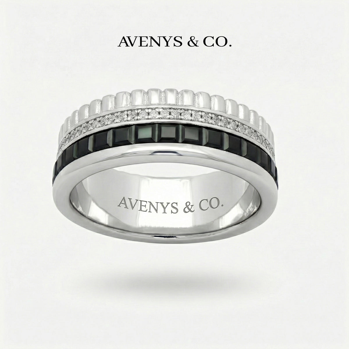 Quatre Ring Black with White Round Stone – on White Gold