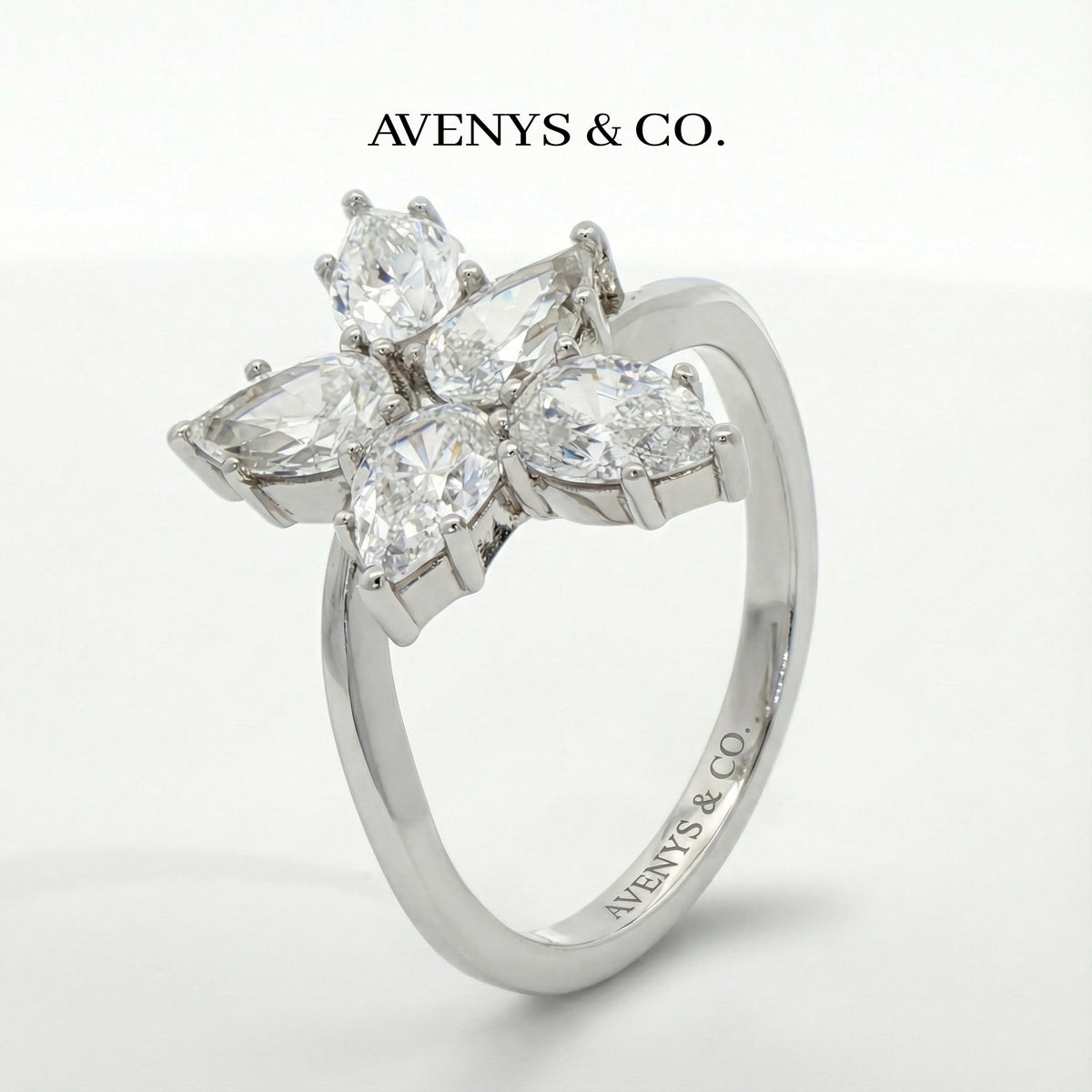 Cluster Ring with White Pear Stone – on White Gold