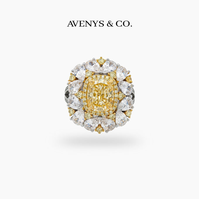 Royal Flower Halo Ring with Yellow Cushion Stone – on White Gold