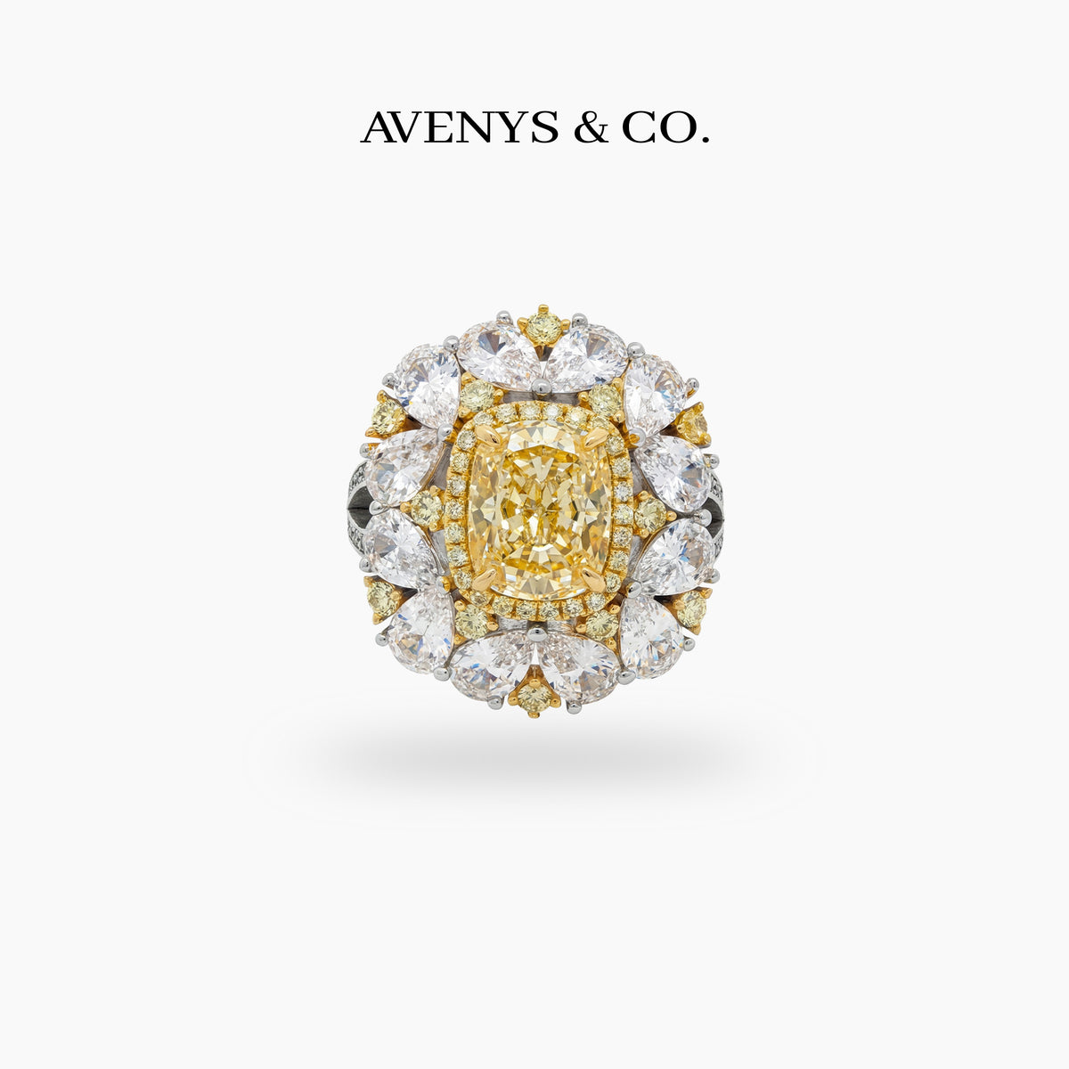 Royal Flower Halo Ring with Yellow Cushion Stone – on White Gold