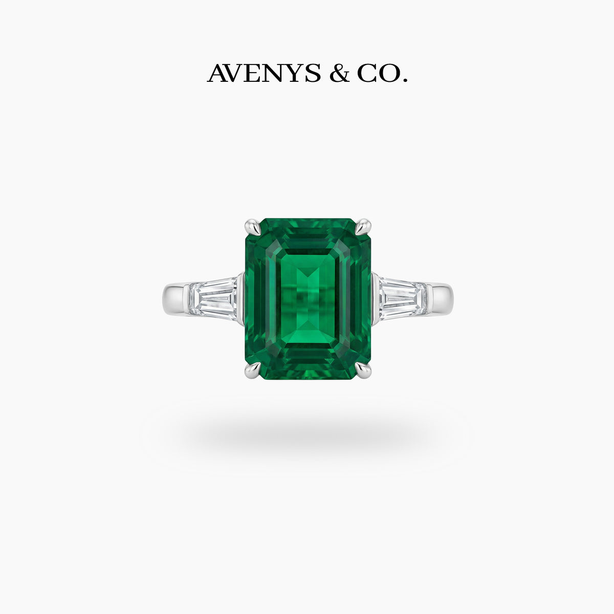 Emerald Trilogy Ring with Green Emerald Stone – on White Gold