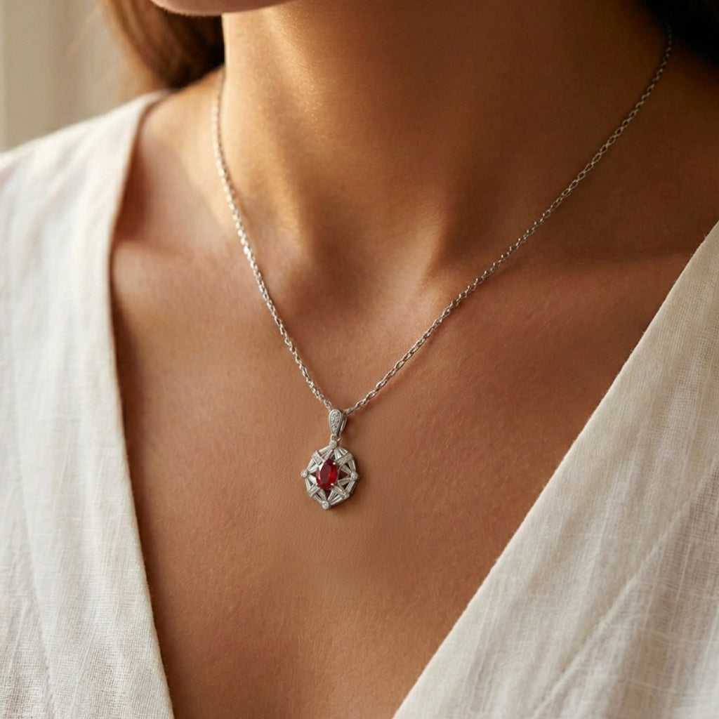 Astral Pendant Necklace with Red Oval Stone – on White Gold