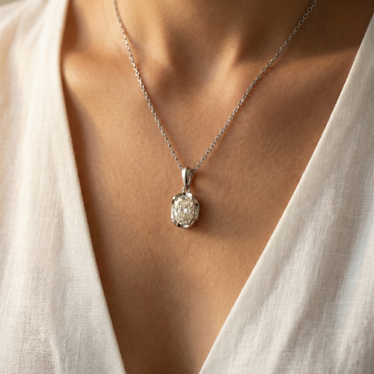 Platinum White Gold Oval Cut Diamond Solitaire Pendant Necklace