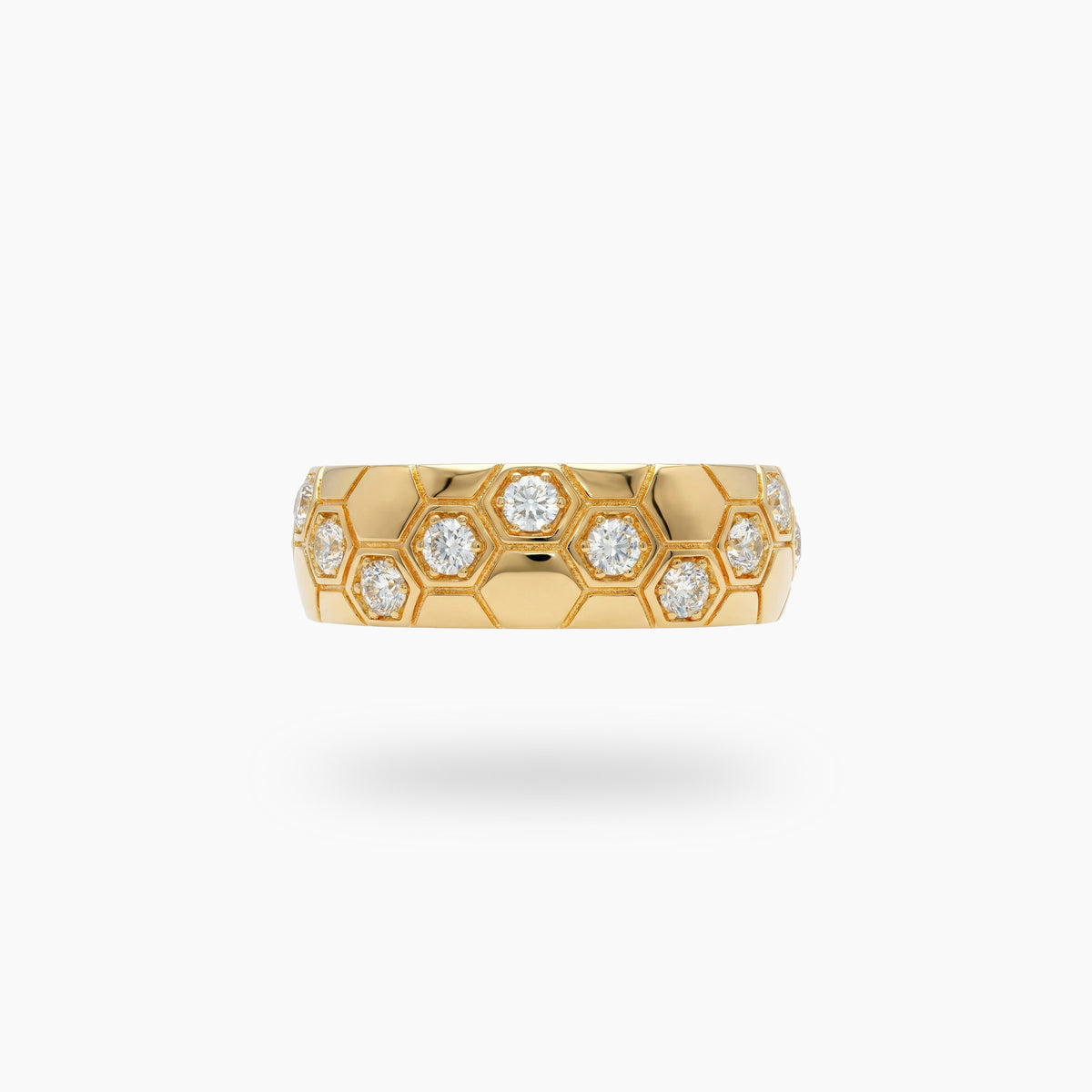 Honeycomb Wide Ring with White Round Stone – on Yellow Gold