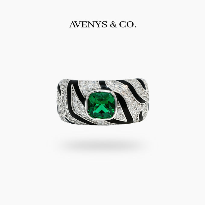 Tiger Ring with Green Cushion Stone – on White Gold