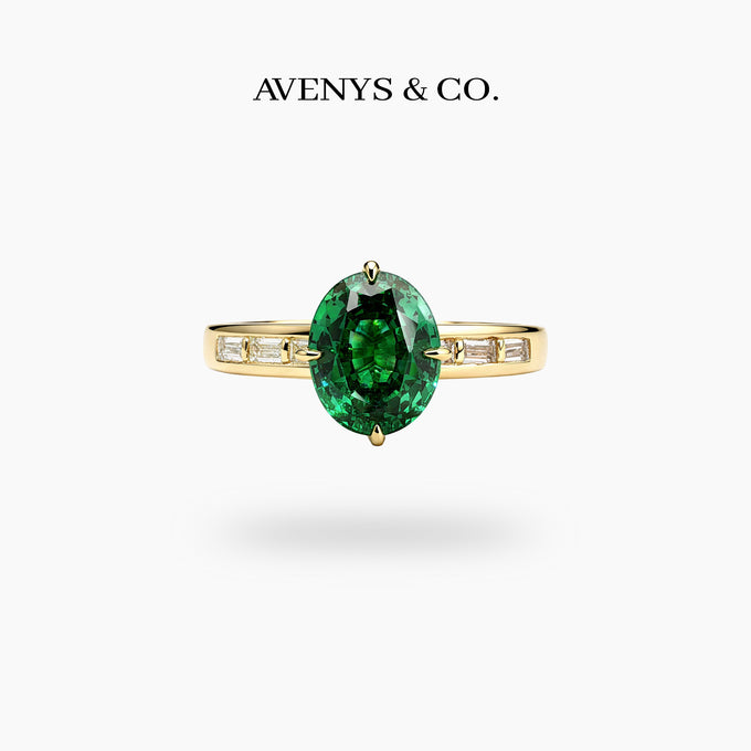 Oval Baguette Ring with Green Oval Stone – on Yellow Gold