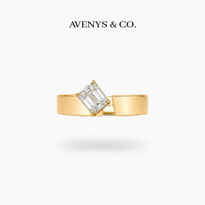 Tilt Cuff Solitaire Ring with White Emerald Stone – on Yellow Gold