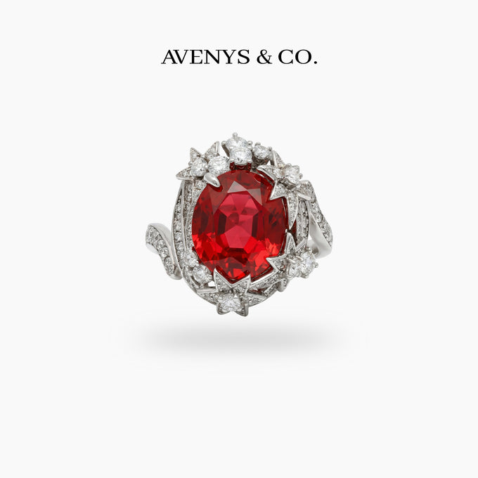 Starfall Pave Ring with Avenys Signature™ Oval Pigeon Blood Ruby – on White Gold