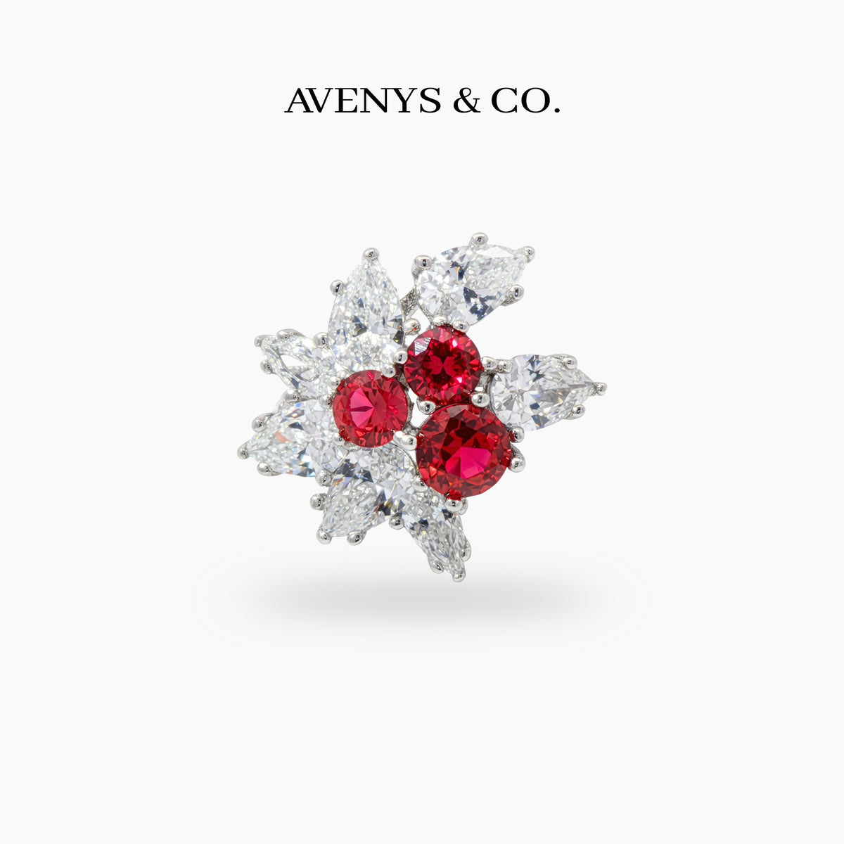 Cherry Cluster Ring with Red Round Stone – on White Gold