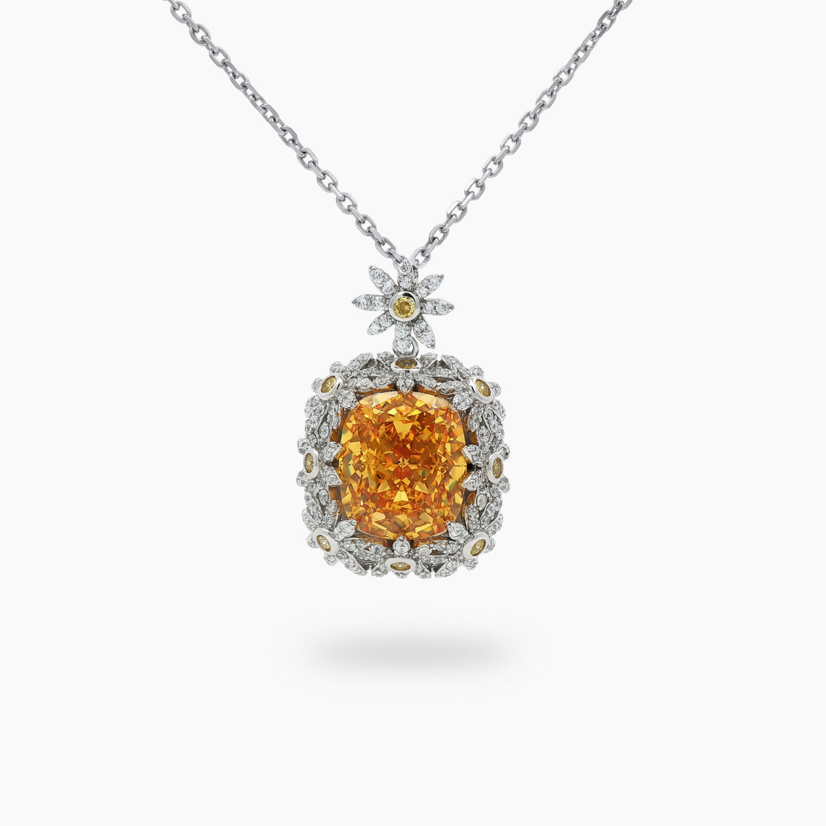 Crown Pendant Necklace with Yellow Cushion Stone – on White Gold