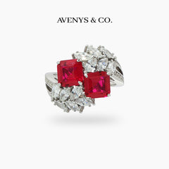 Offset Cluster Ring with Avenys Signature™ Square Emerald Pigeon Blood Ruby – on White Gold