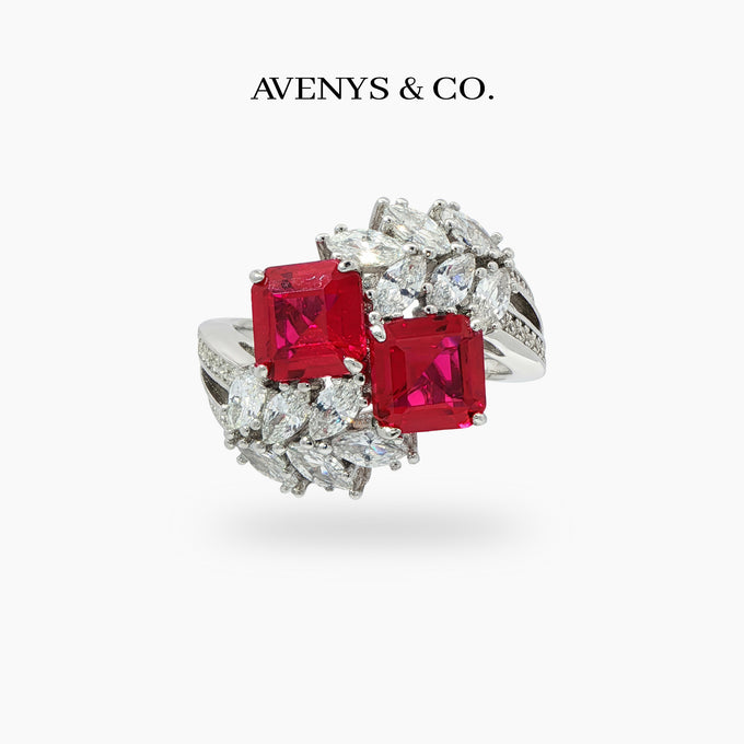 Offset Cluster Ring with Avenys Signature™ Square Emerald Pigeon Blood Ruby – on White Gold