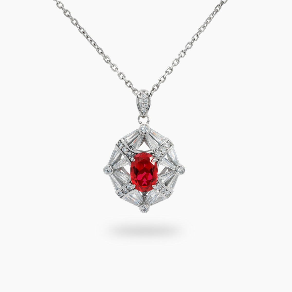 Astral Pendant Necklace with Red Oval Stone – on White Gold