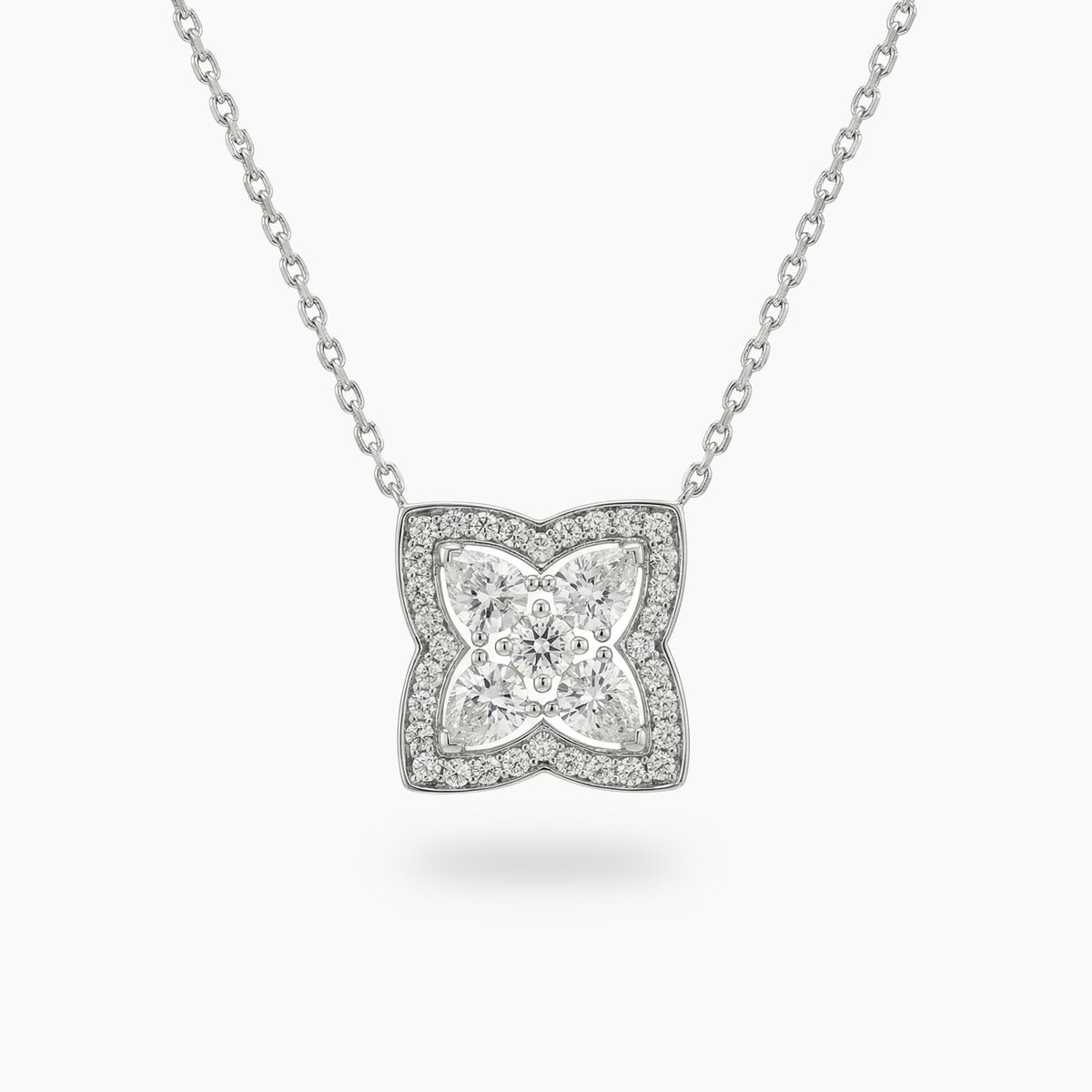 Lotus Small Necklace with White Round Stone – on White Gold