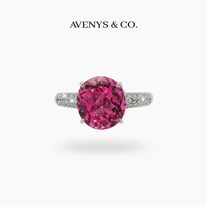 Oval Pave Ring with Pink Oval Stone – on White Gold