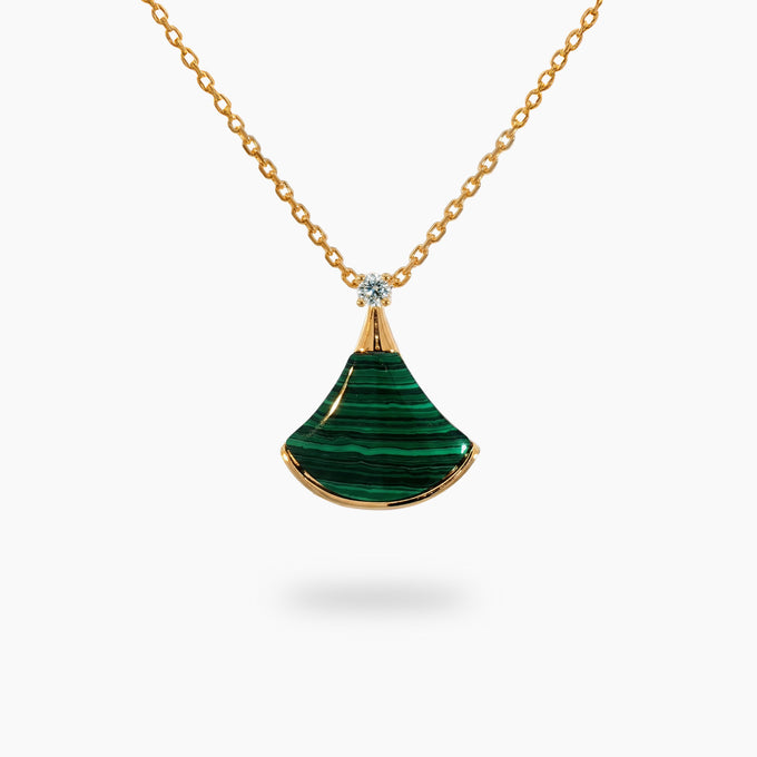 Yellow Gold Charm Necklace with Cabochon Cut Malachite Pendant
