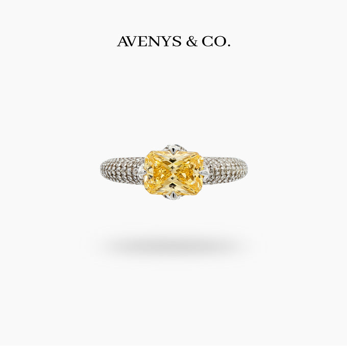 Radiant Horizon Pave Ring with Yellow Radiant Stone – on White Gold