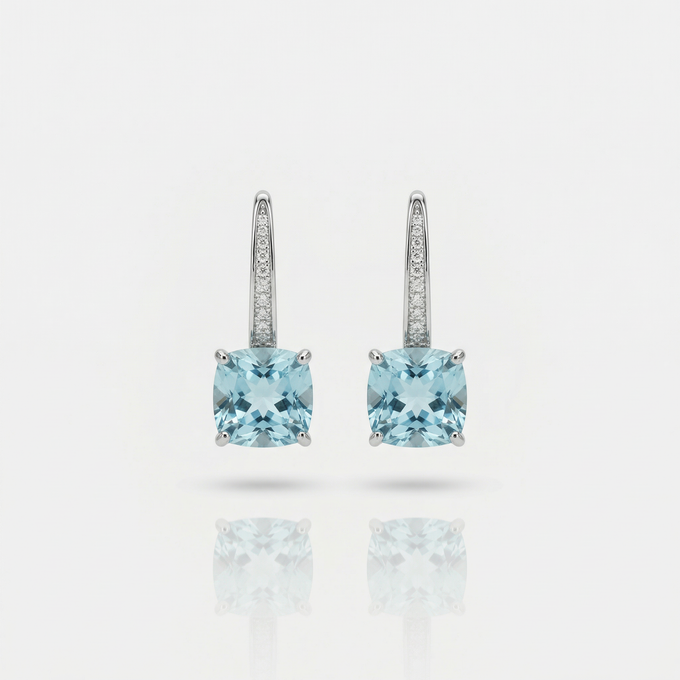 Princess Drop Earring with Aquamarine Princess Stone – on White Gold