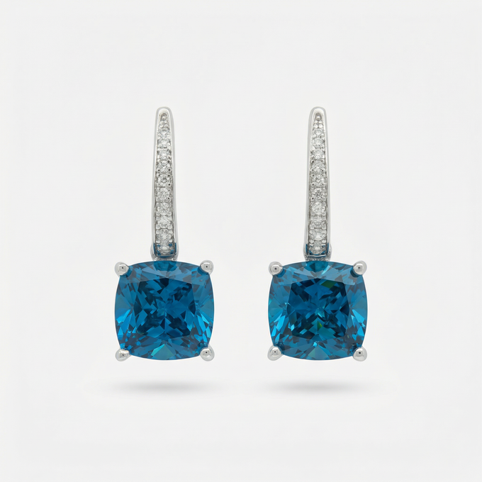 Princess Drop Earring with Blue Princess Stone – on White Gold