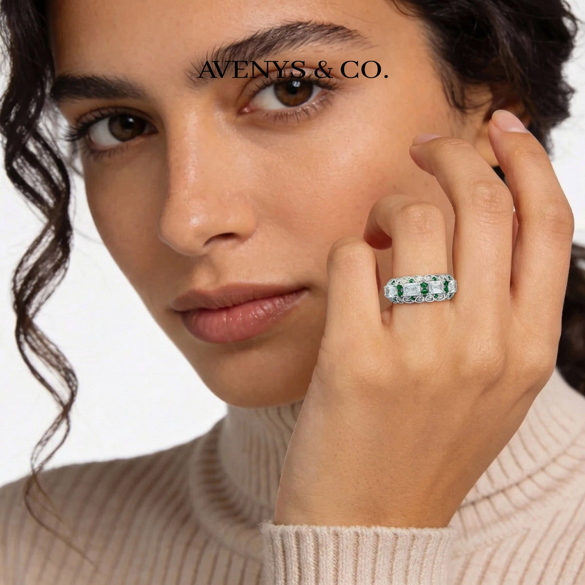 Greenfire Ring with White Emerald Stone – on White Gold
