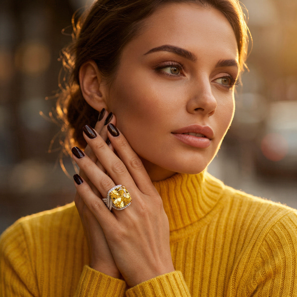 Citadel Pave Ring with Yellow Cushion Stone – on White Gold