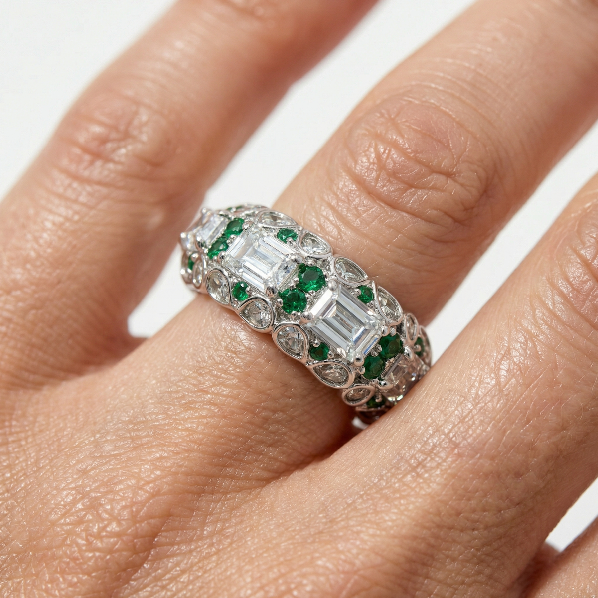 Greenfire Ring with White Emerald Stone – on White Gold
