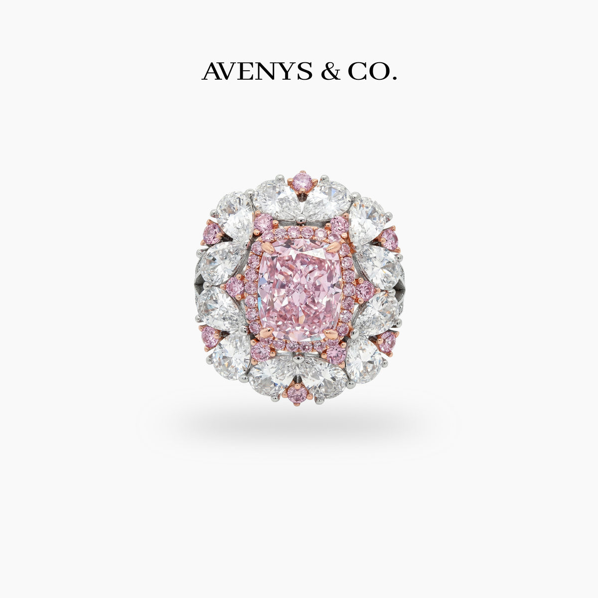 Royal Flower Halo Ring with Pink Cushion Stone – on White Gold