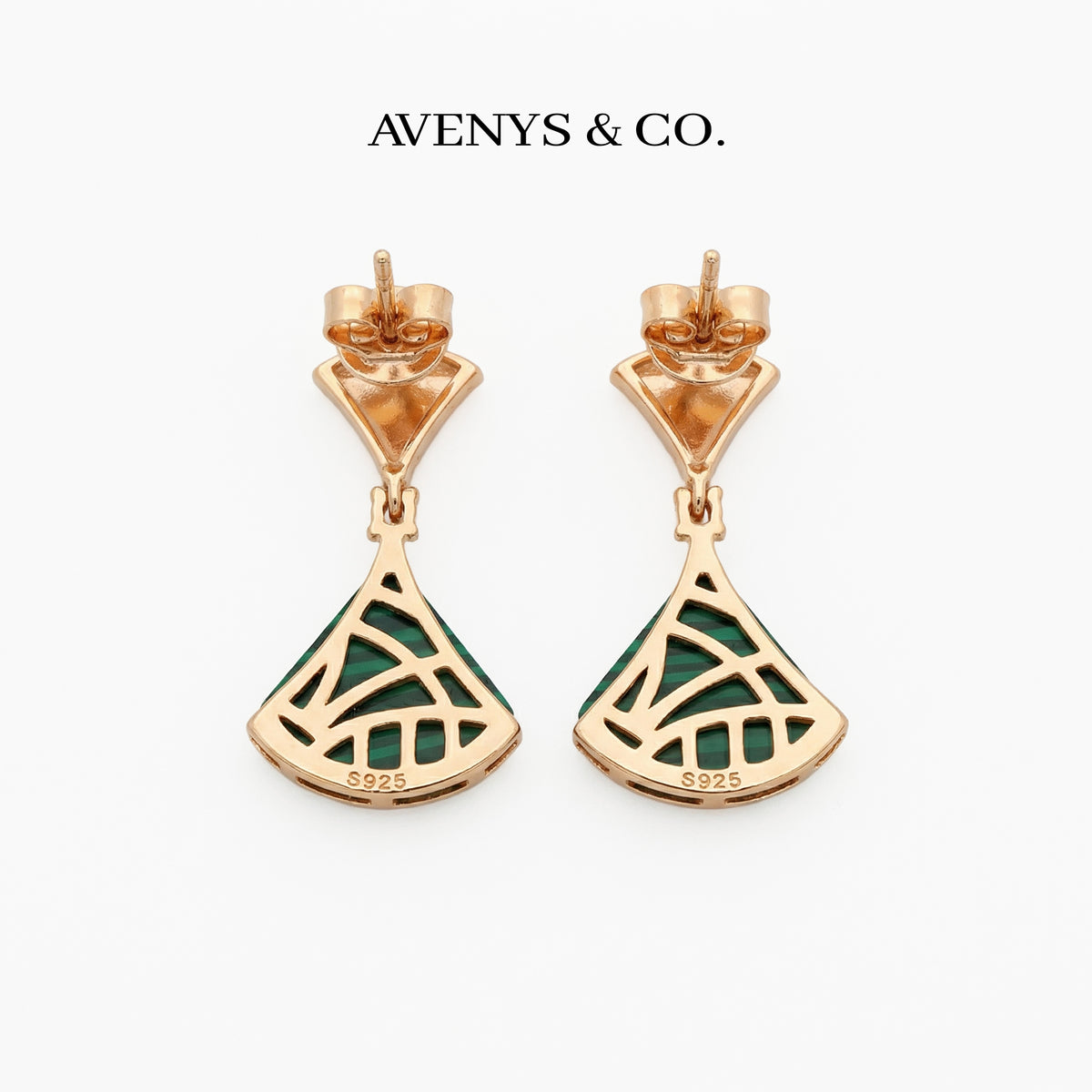 Fan Malachite Earrings with White Round Stone – on Yellow Gold