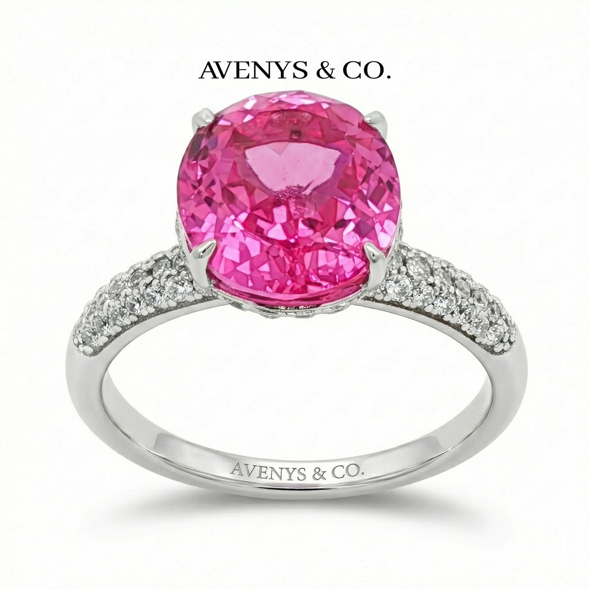 Oval Pave Ring with Pink Oval Stone – on White Gold