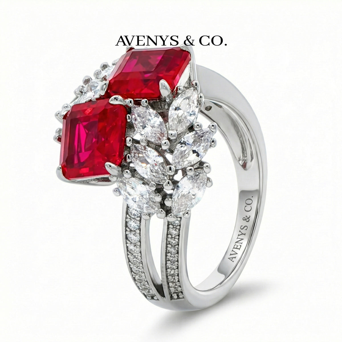 Offset Cluster Ring with Avenys Signature™ Square Emerald Pigeon Blood Ruby – on White Gold