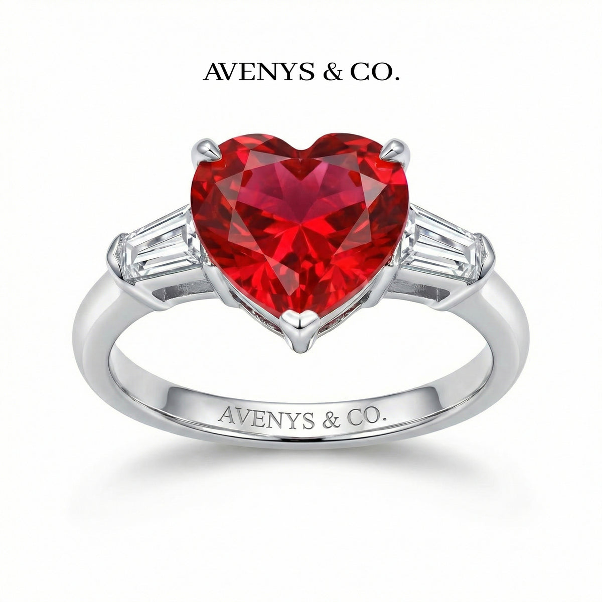 Love Heart Ring with Red Heart Stone – on White Gold
