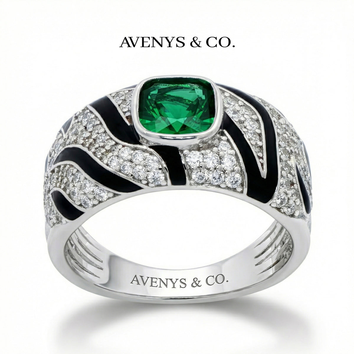 Tiger Ring with Green Cushion Stone – on White Gold