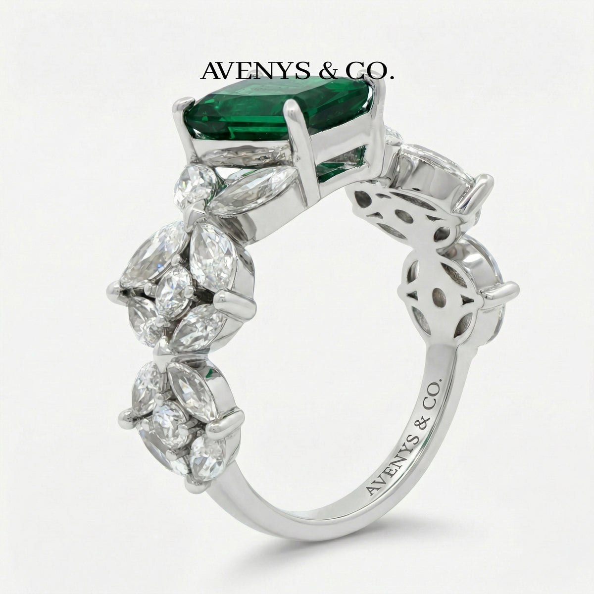 Emerald Marquis Ring with Green Emerald Stone – on White Gold