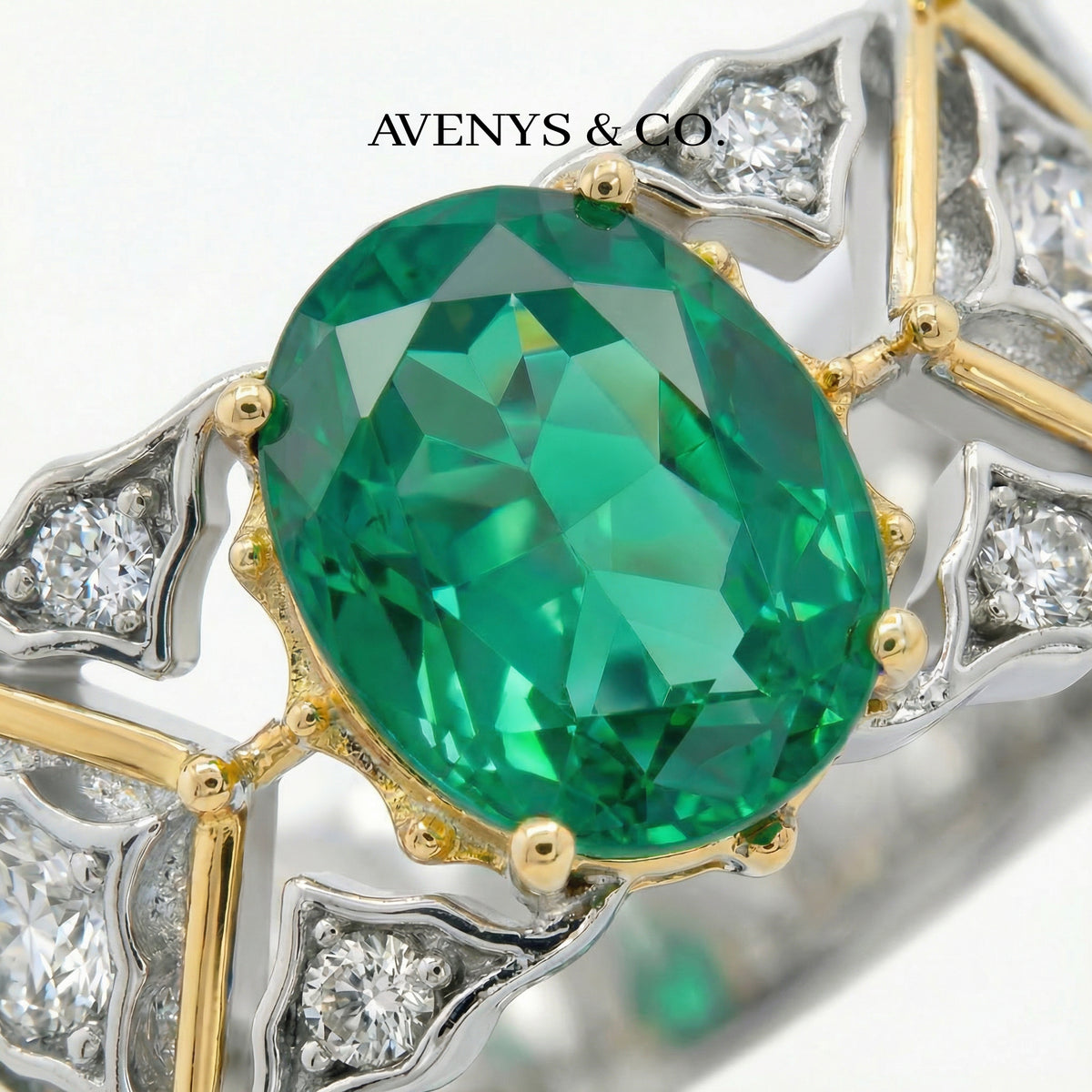 Arabesque Wide Ring with Green Oval Stone – on White Gold