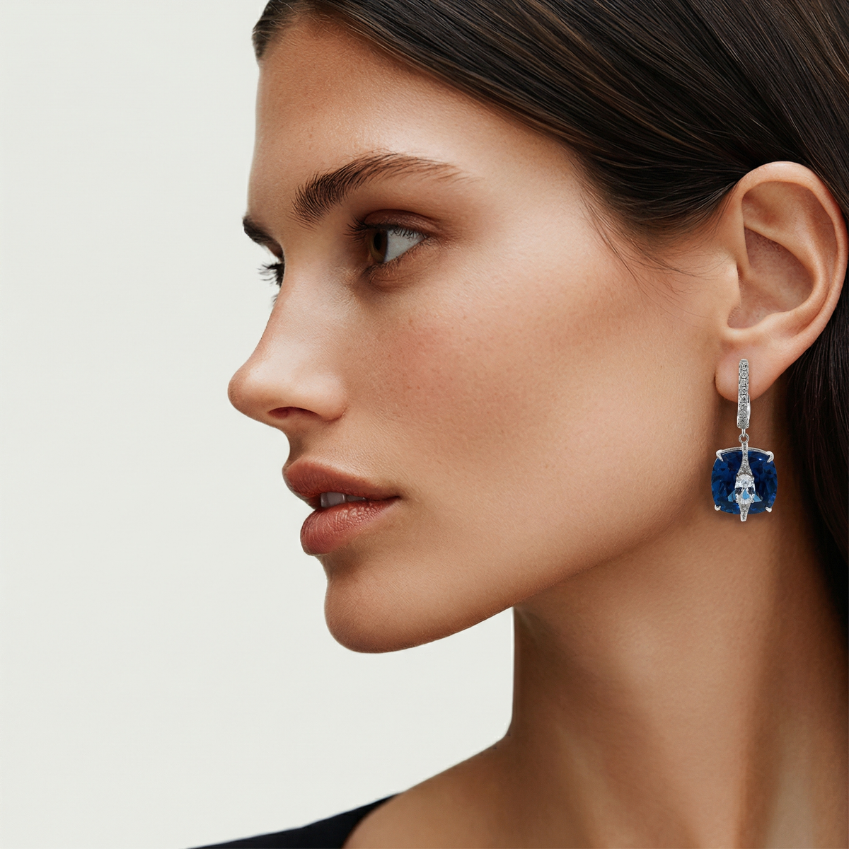 Embrace Pave Earrings with Blue Cushion Stone – on White Gold