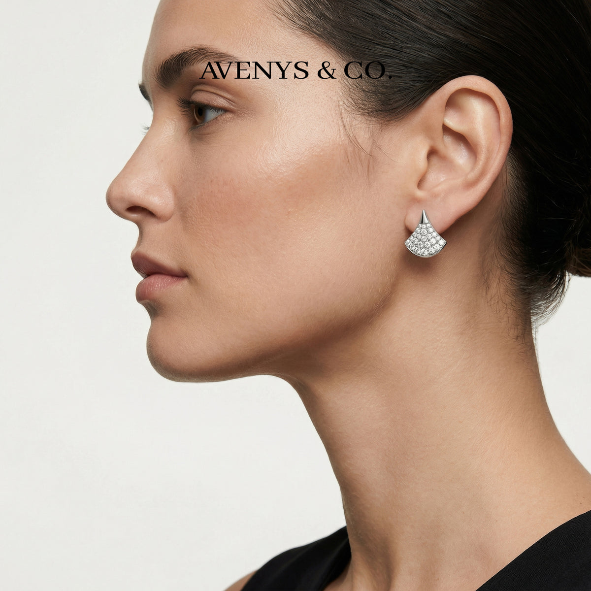 Fan Pave Earrings with White Round Stone – on White Gold