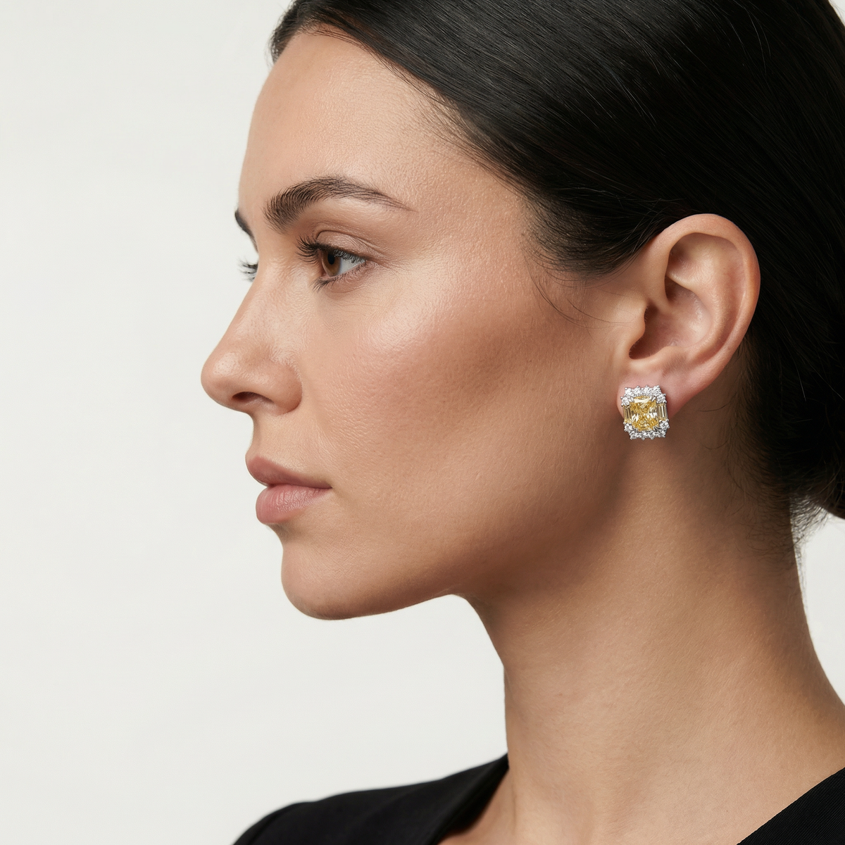 Sunshine Halo Earrings with Yellow Radiant Stone – on White Gold