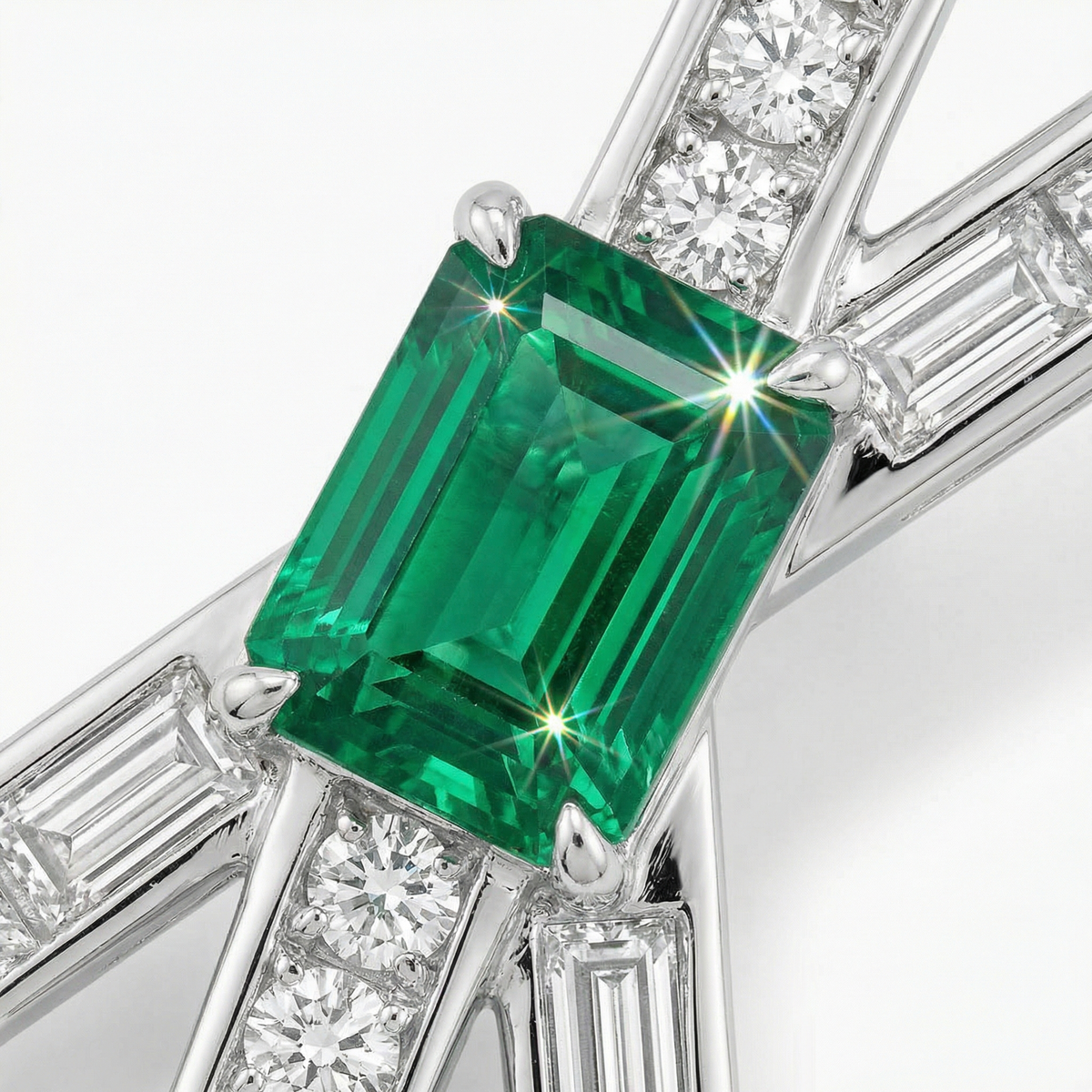 Tracks Earrings with Green Emerald Stone – on White Gold