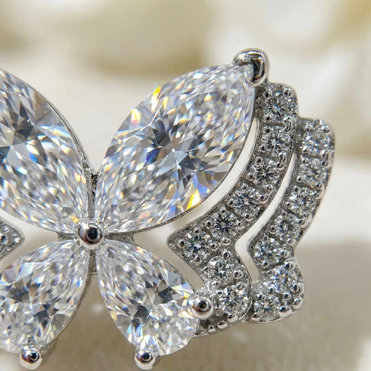 Butterfly Wide Earings with White Marquise Stone – on White Gold