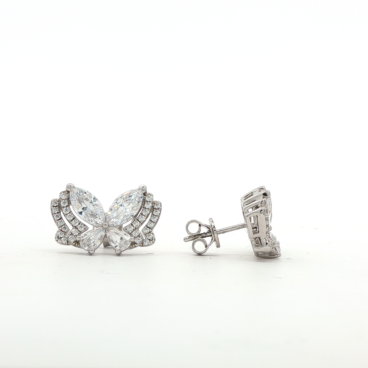 Butterfly Wide Earings with White Marquise Stone – on White Gold