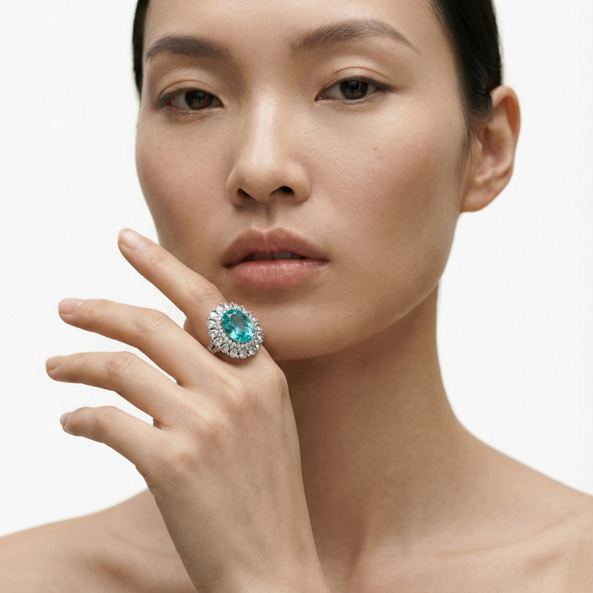 Seafoam Halo Ring with Paraiba Oval Stone – on White Gold