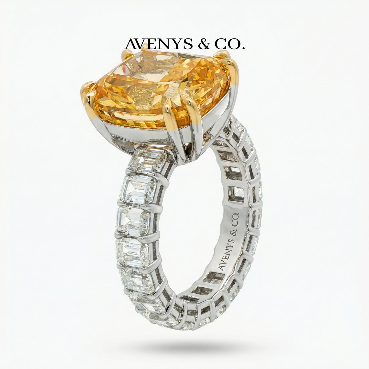 Crown Eternity Ring with Yellow Cushion Stone – on White Gold