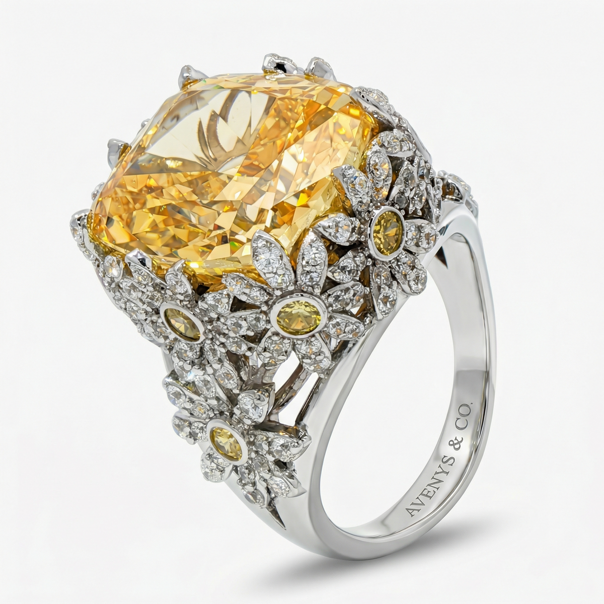 White Gold Cocktail Ring with Cushion-Cut Citrine Gemstone