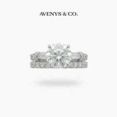 Trilogy Pave Solitaire Ring with Stacking Band with White Round Stone – on White Gold