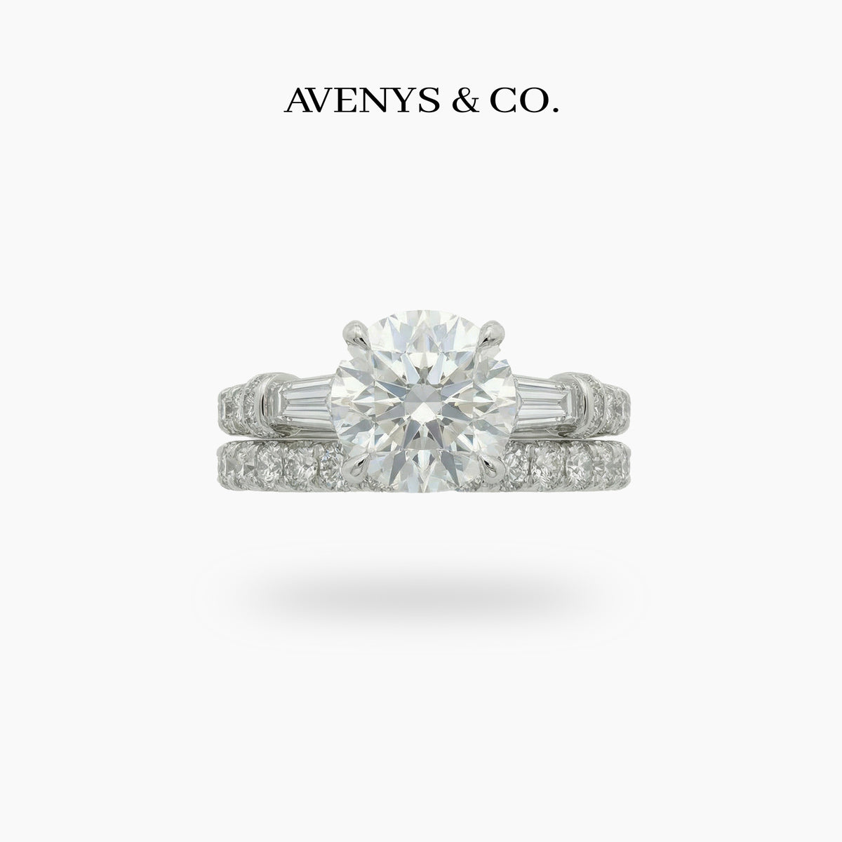Trilogy Pave Solitaire Ring with Stacking Band with White Round Stone – on White Gold