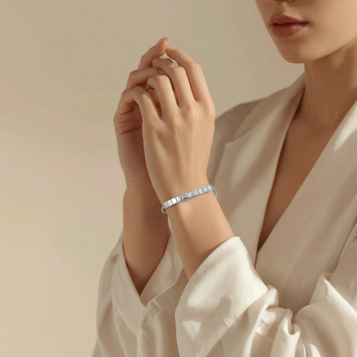 Square Line Bracelet with White Round Stone – on White Gold